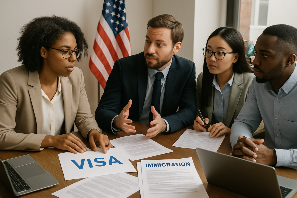 Diverse professionals discussing visa sponsorship documents in an office with American flag and globe