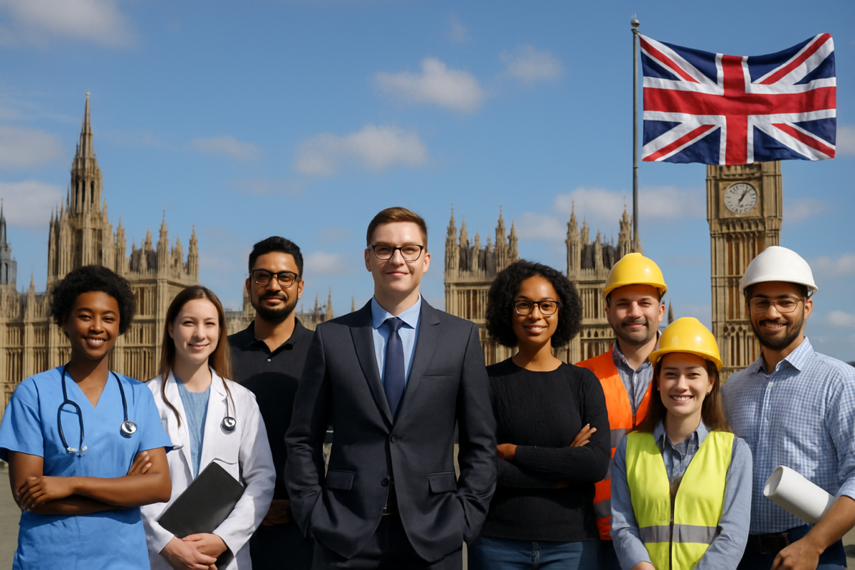 Comprehensive Guide to UK Visa Sponsorship Jobs in 2024 Diverse professionals in front of UK Parliament with British flag