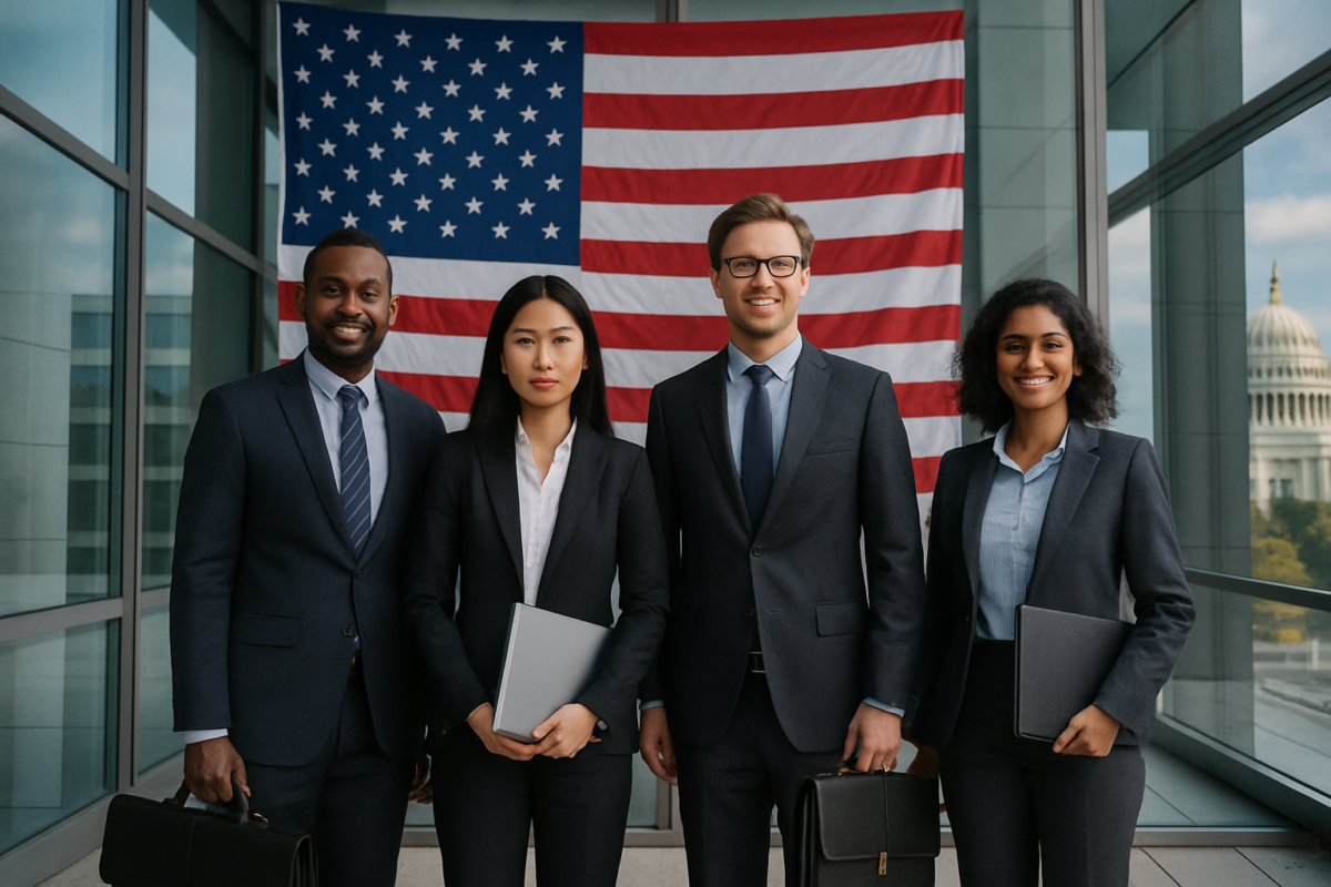 Comprehensive Guide to Visa Sponsorship Jobs in the USA: Opportunities and How to Secure Them International professionals in front of American flag symbolizing visa sponsorship jobs in the USA