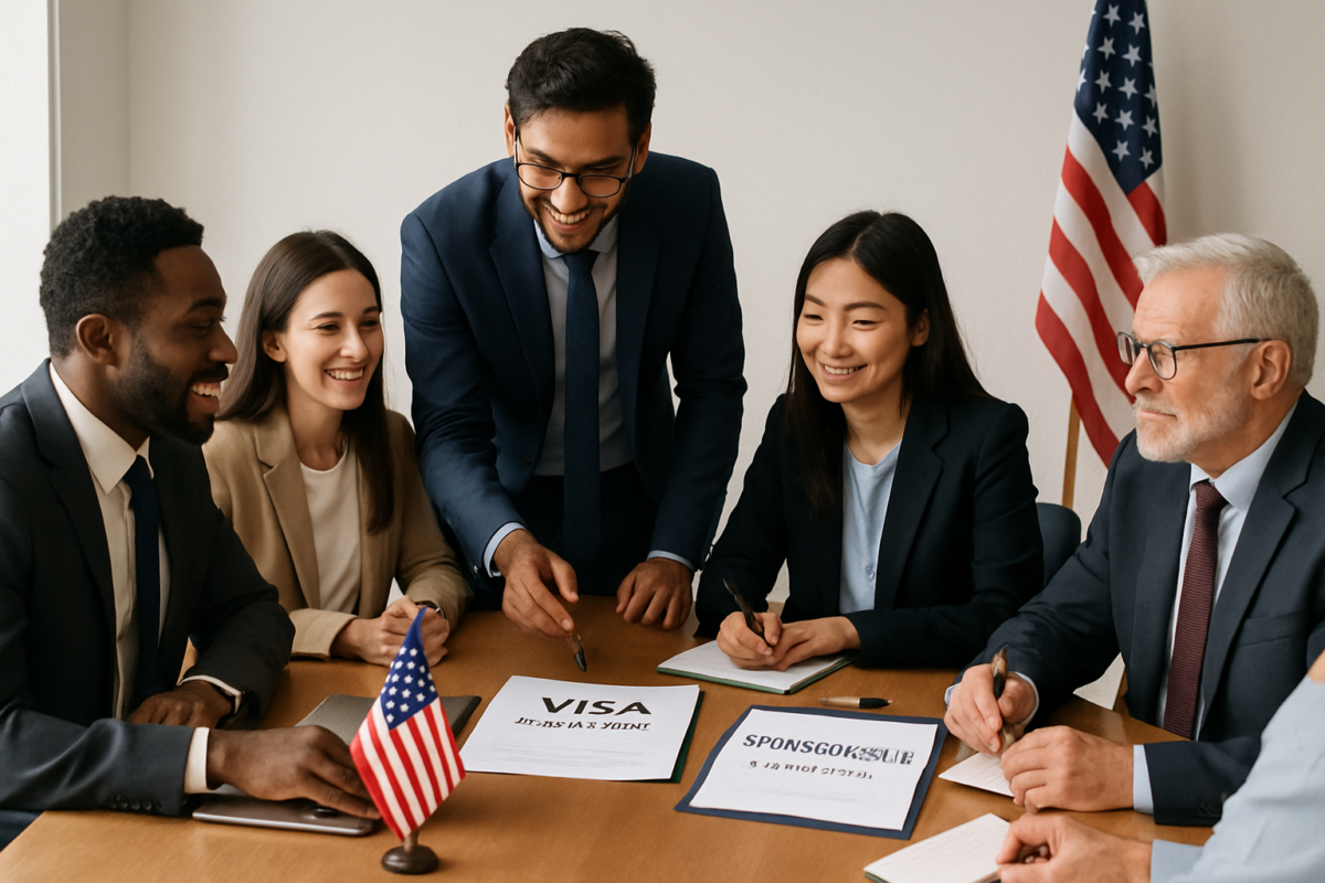 Visa Sponsorship Jobs in USA: A Comprehensive Guide to Opportunities and Application Strategies Diverse professionals discussing visa sponsorship documents with U.S. flags