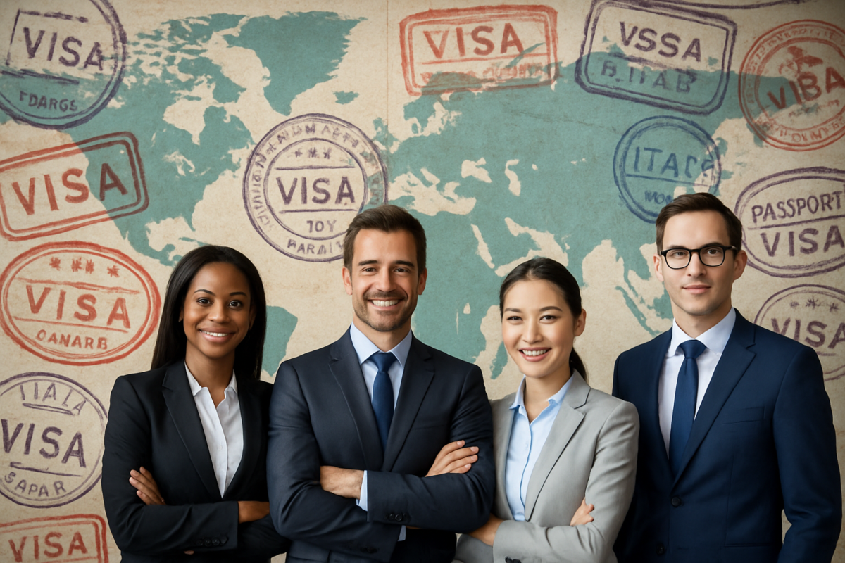 Diverse professionals with world map and visa stamps, representing global visa sponsorship opportunities.